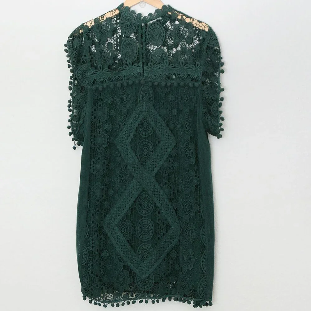 Tularosa Revolve Clayton Tunic Mini Dress L Hunter Green Pom Pom Trim Lace $210 - Picture 7 of 16